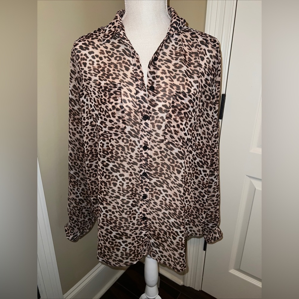 Victorias Secret Shirt Womens Small Leopard Print Sheer Roll Tab Sleeve Button
